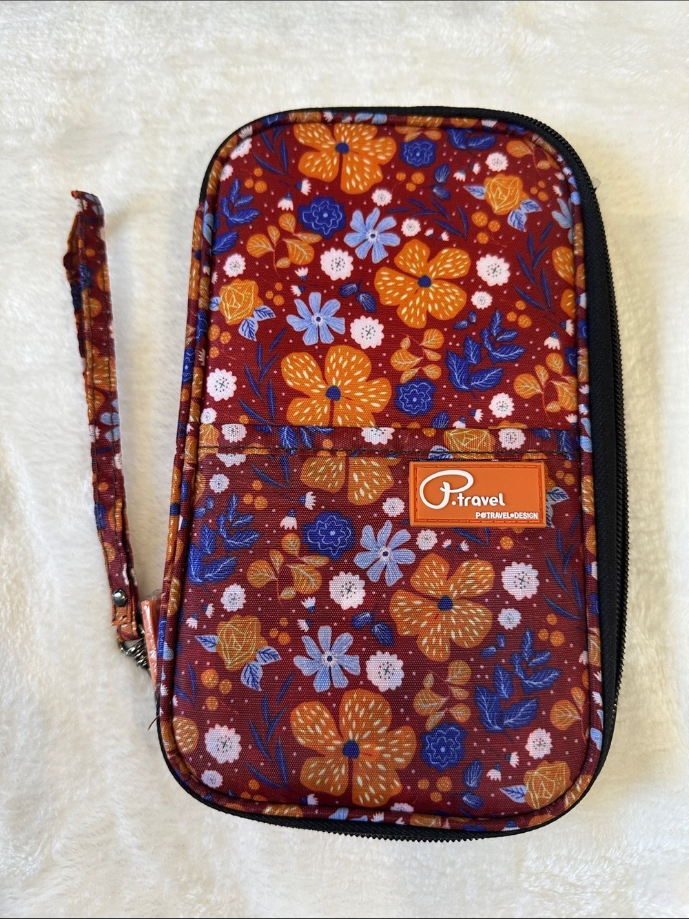P.TRAVEL Floral Passport & Phone Organizer - Rust Orange NWT